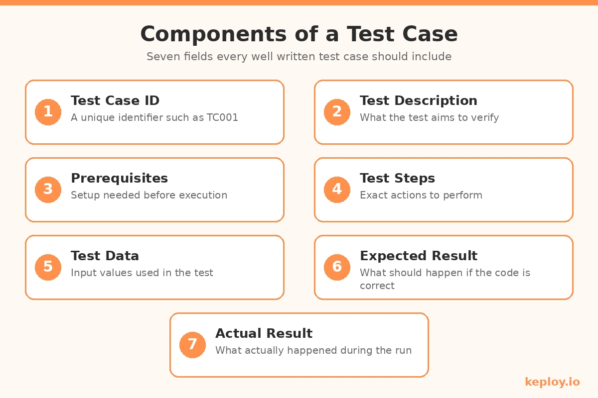 Components of a test case in software testing including test case ID, description, prerequisites, steps, test data, expected result and actual result