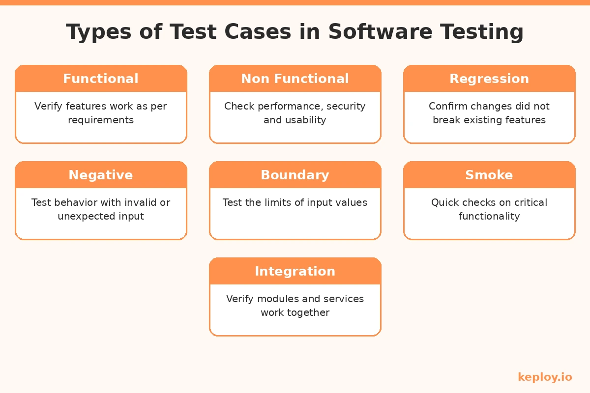 Seven types of test cases in software testing including functional, non functional, regression, negative, boundary, smoke and integration test cases