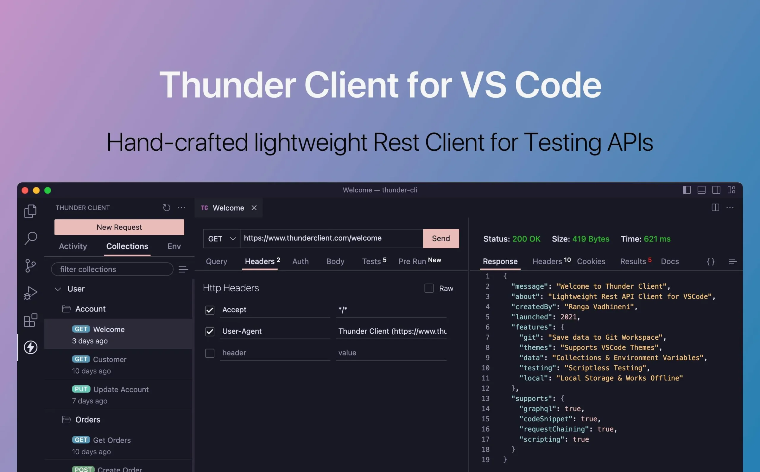 Thunder Client VS Code extension for lightweight API testing