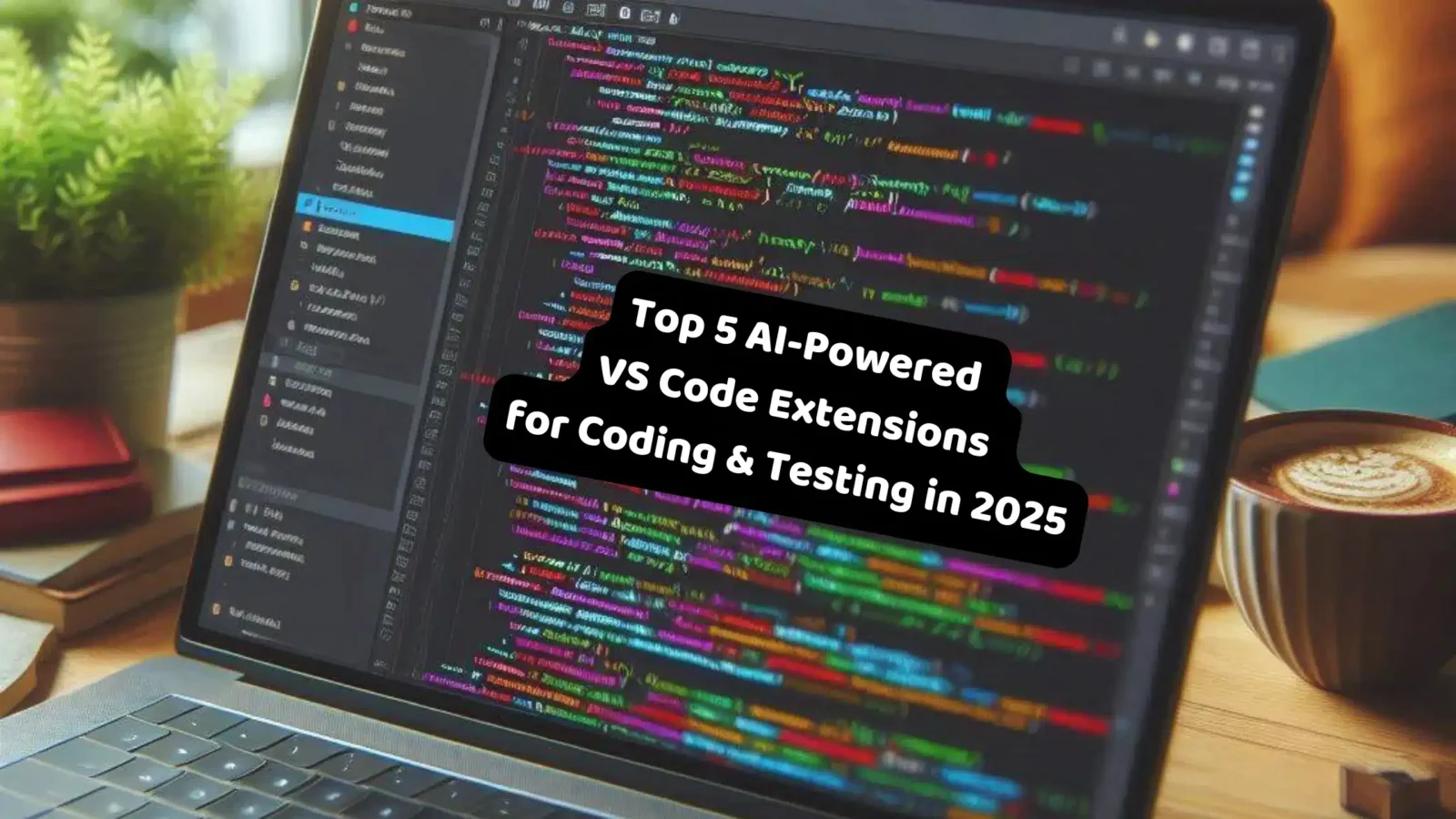 Illustration of AI-powered VS Code extensions for coding and testing in 2025, featuring gears, code snippets, and digital tools.