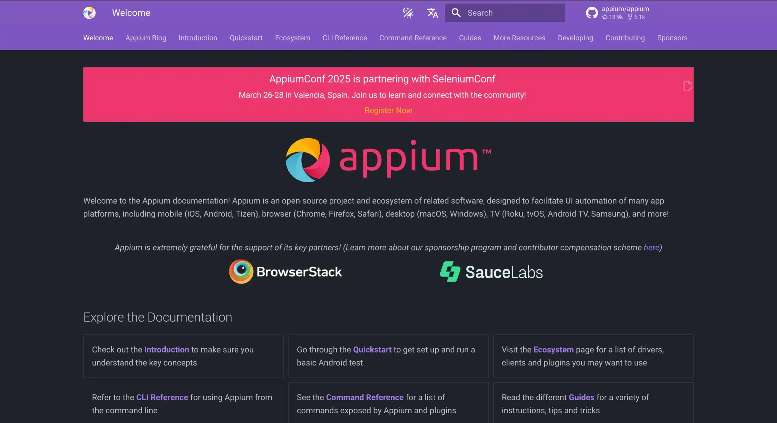 Appium documentation homepage. The page contains a banner announcing "AppiumConf 2025 is partnering with SeleniumConf" with event details. The Appium logo and description of its functionality are shown. Logos for partners BrowserStack and SauceLabs are displayed. The page features navigation options for sections like Introduction, Quickstart, and Ecosystem.