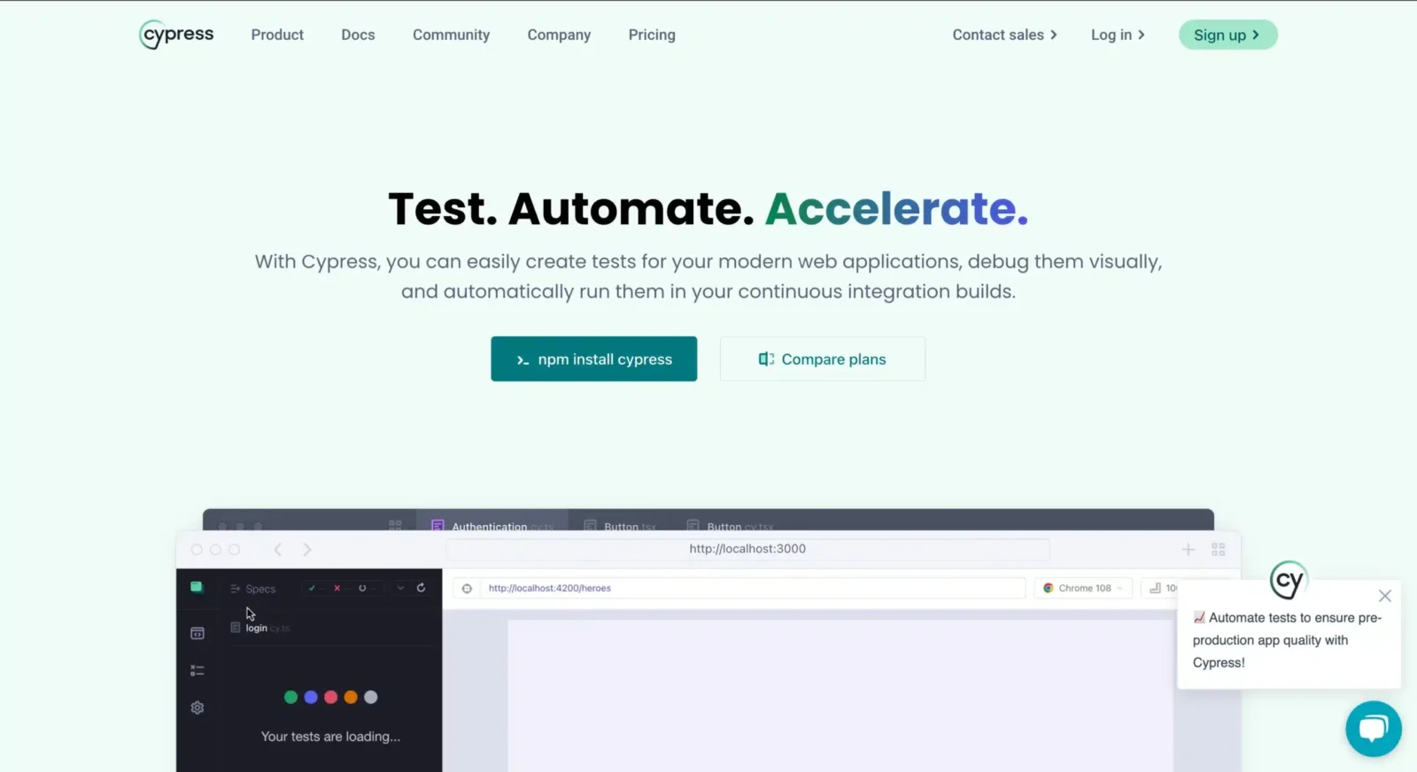 Homepage of the Cypress with the slogan "Test. Automate. Accelerate." Describes using Cypress for testing web applications with buttons for installation and plan comparison. Below is a sample browser window with a message about automating tests.