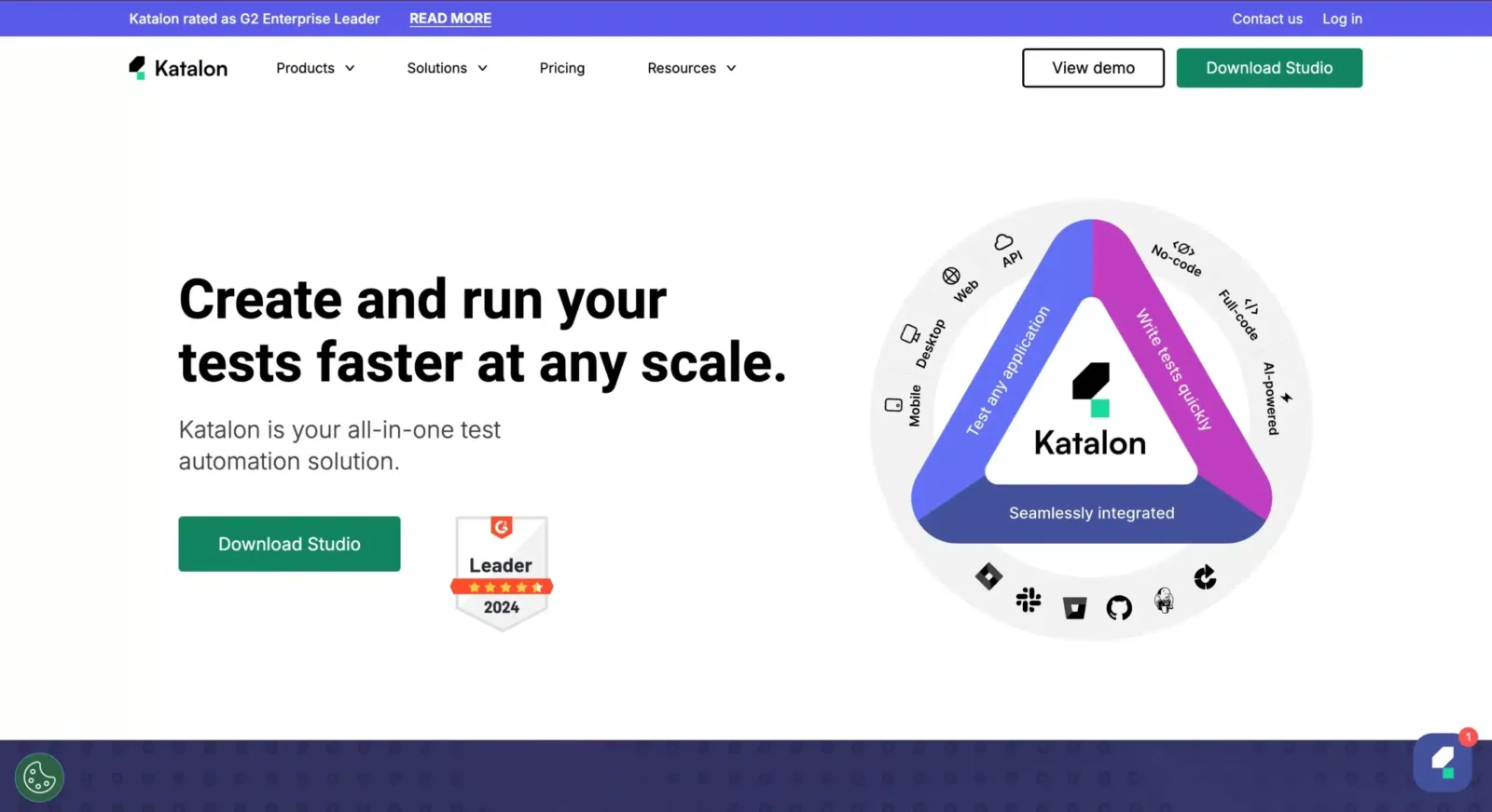 Homepage of Katalon featuring a banner that reads, "Create and run your tests faster at any scale." Includes buttons to view a demo and download the studio. A diagram highlights features like mobile and web testing, no-code and AI-powered options. A badge indicates Katalon is a G2 leader for 2024.