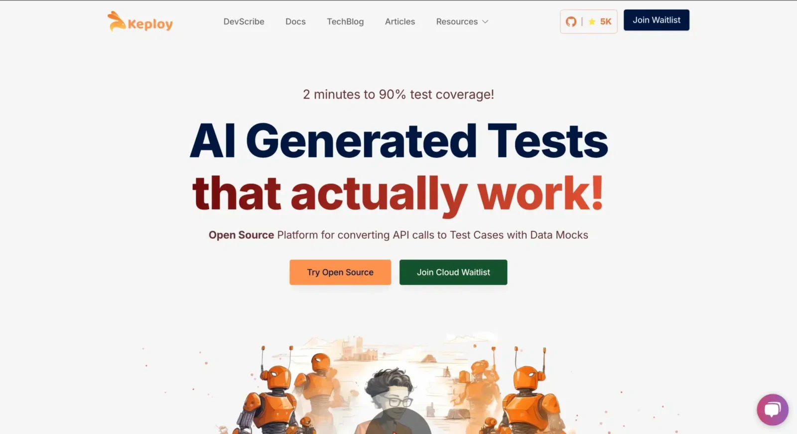 Website homepage for Keploy featuring bold text promoting AI-generated tests. It highlights a quick test coverage and offers options for open source and a cloud waitlist. Illustrated robots are at the bottom.