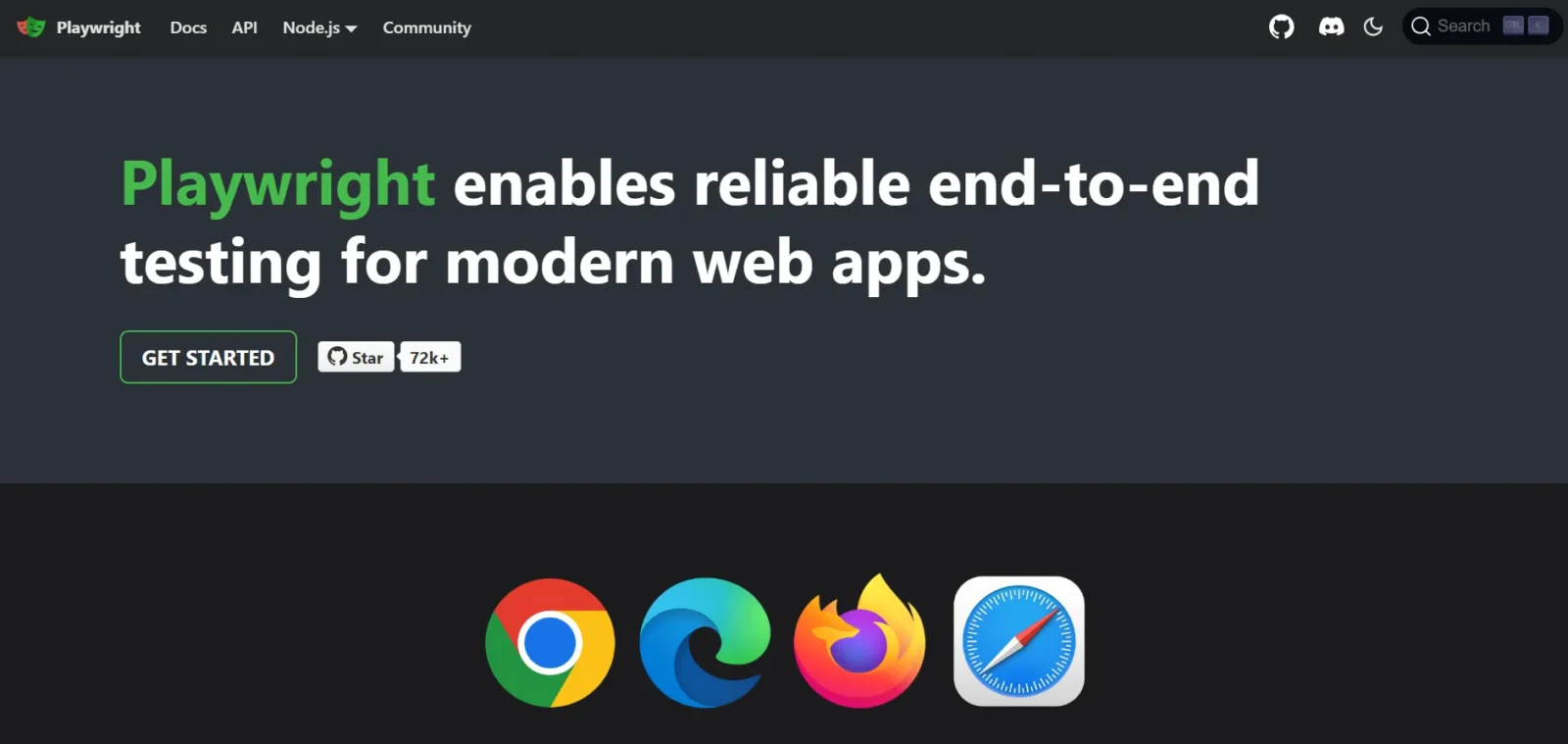 Banner promoting Playwright, a tool for reliable end-to-end testing of modern web apps, with browser icons for Chrome, Edge, Firefox, and Safari.