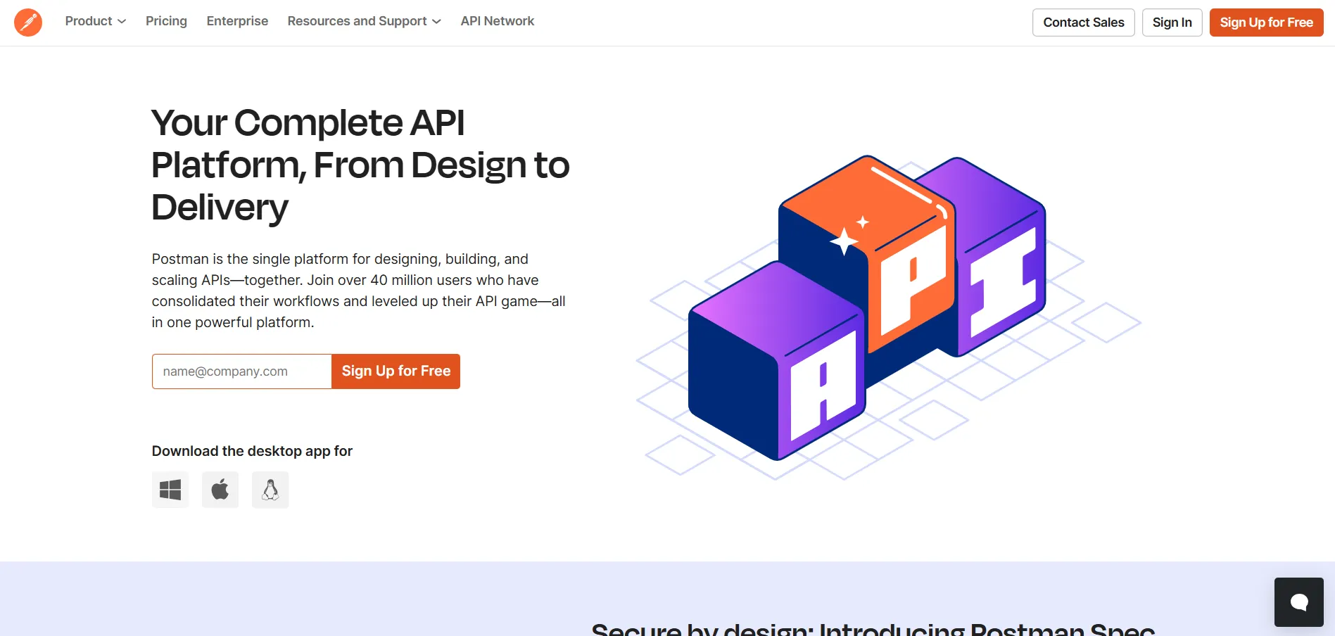 Homepage of an API platform offering tools for designing, building, and scaling APIs, with a sign-up form and download options for Windows, MacOS, and Linux. Colorful 3D API letters are displayed on the right.