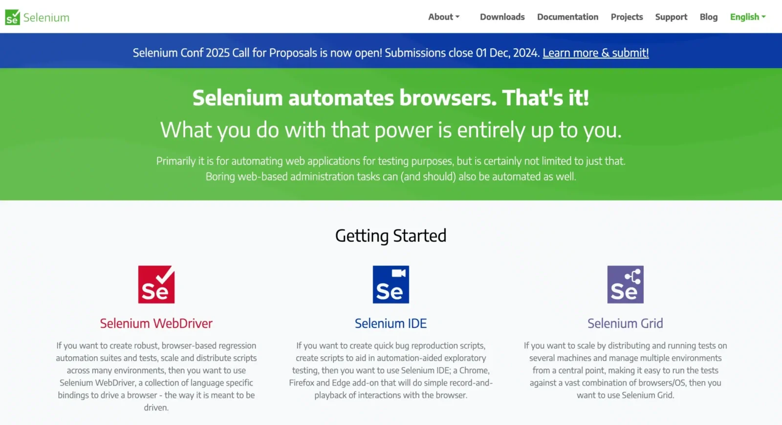 Screenshot of the Selenium website highlighting its browser automation capabilities. It announces the Selenium Conf 2025 call for proposals and describes Selenium's tools: WebDriver, IDE, and Grid, under the "Getting Started" section.
