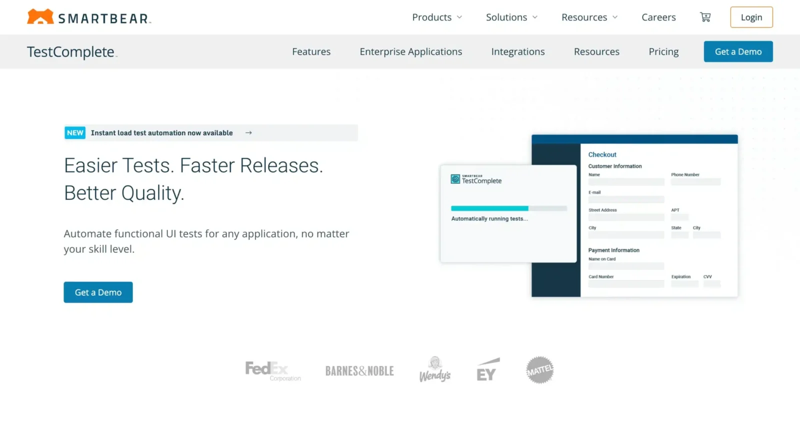 Homepage of the SmartBear TestComplete website featuring a banner with text "Easier Tests. Faster Releases. Better Quality." There's a demo button, and a mockup of a checkout form with a loading bar showing test automation in progress. Logos of companies like FedEx, Barnes & Noble, and Mattel appear at the bottom.
