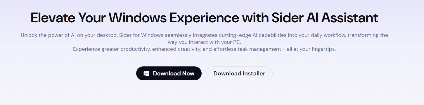Promotional banner for "Sider AI Assistant" elevating the Windows experience. It highlights AI integration for productivity and creativity with "Download Now" and "Download Installer" buttons
