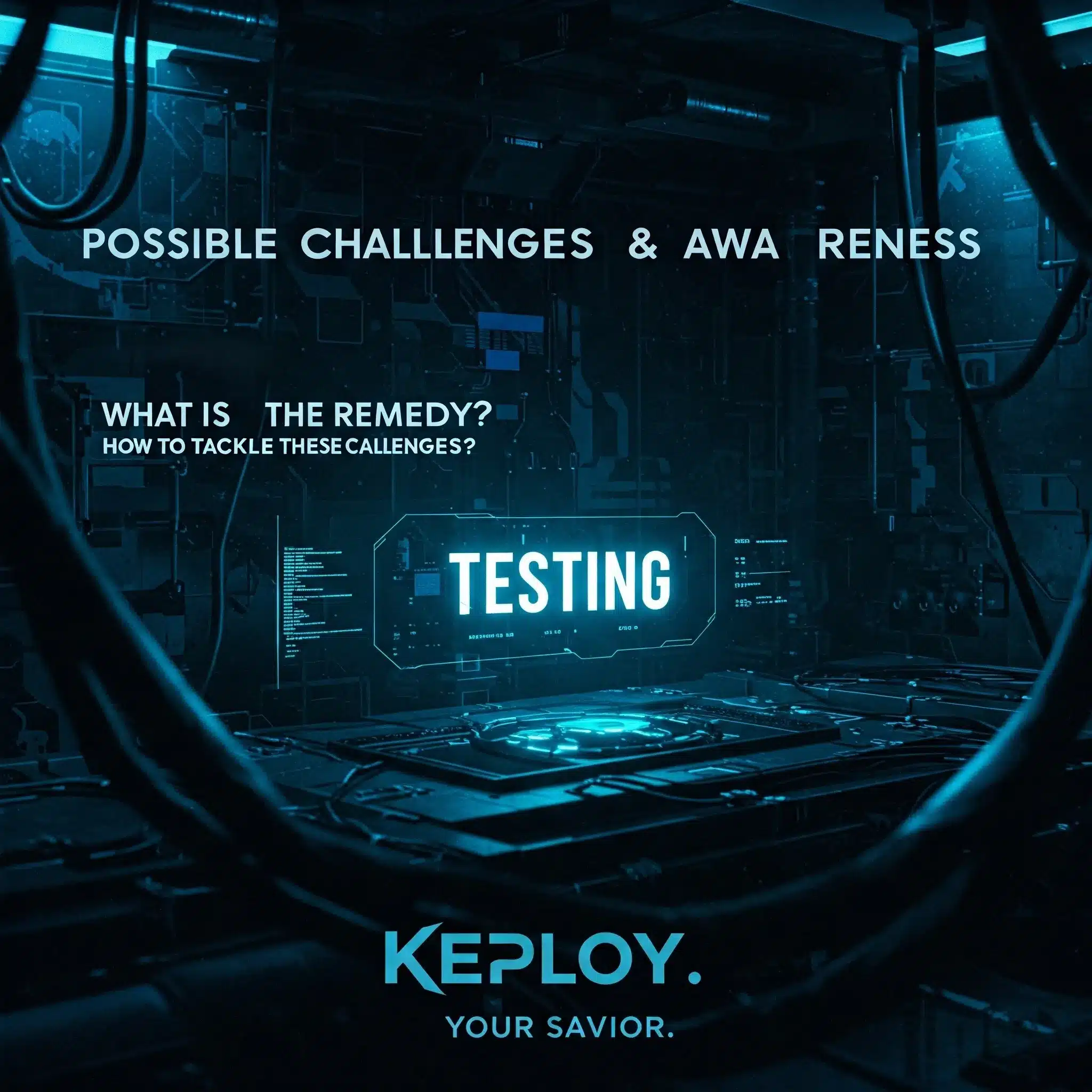 Futuristic blue-toned image with digital elements, featuring the words "Possible Challenges & Awareness," "What is the Remedy? How to Tackle These Challenges?" and "Testing." The brand name "Keploy" with the tagline "Your Savior." is at the bottom.
