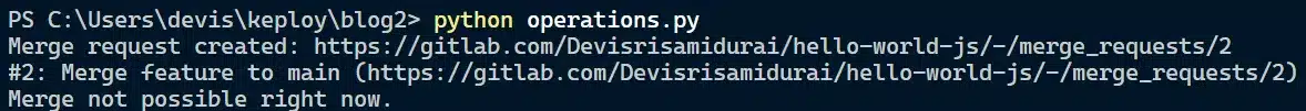 Screenshot of a terminal showing a Python script execution. A merge request is created for a GitLab repository, but merging is not possible at the moment.