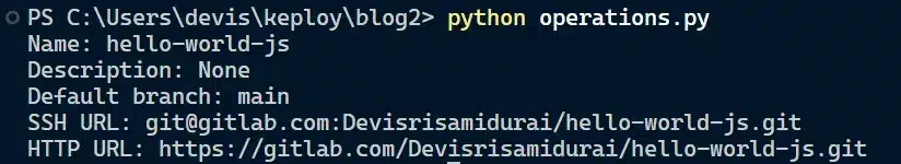 Output for get_project_info() showing the repo name,description,default branch,SSH and HTTP URLs.