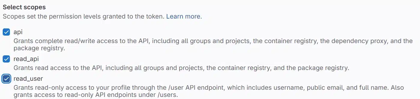 Allowing access for api,read_api,read_user by checking the boxes in settings of the repository