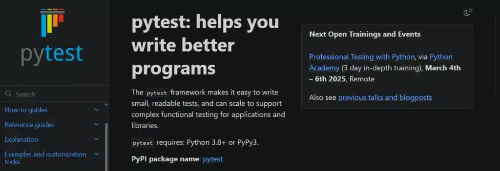 Screenshot of Pytest's official website homepage