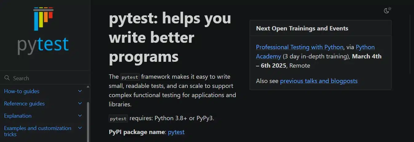 Screenshot of Pytest's official website homepage