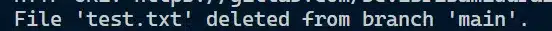 Screenshot of code text indicating "File 'test.txt' deleted from branch 'main'."