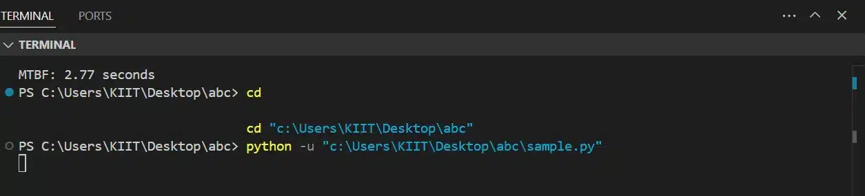 VS Code terminal displaying MTBF calculation output as "2.77 seconds" after executing the sample.py script from the abc directory.