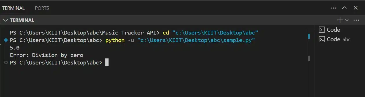 Alt Text: VS Code terminal showing execution of  where input  triggers a  with the message "Error: Division by zero".