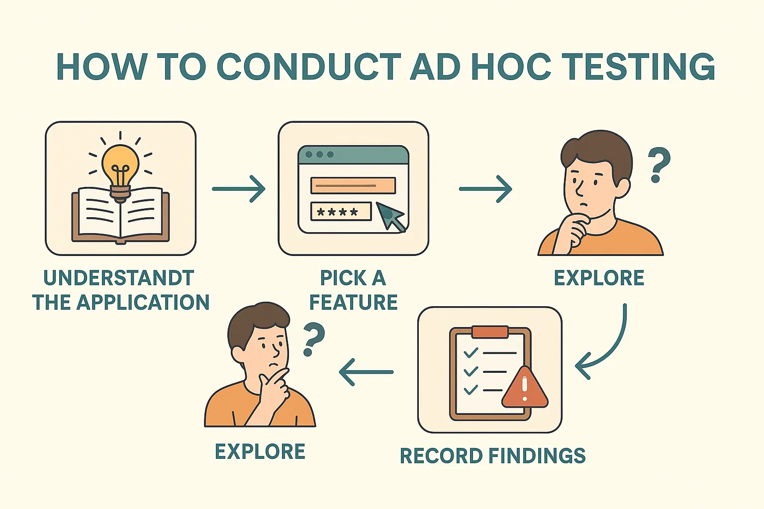 Flowchart titled "How to Conduct Ad Hoc Testing" with four steps: Understand the Application, Pick a Feature, Explore, and Record Findings. Includes icons like an open book, web browser, thinking person, and checklist. Arrows connect the steps, illustrating the process.