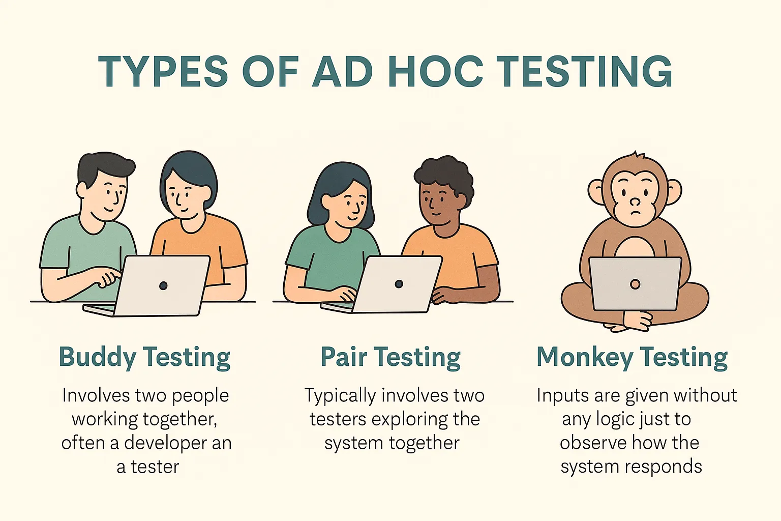 Illustration of "Types of Ad Hoc Testing" with descriptions: Buddy Testing (two people working together, often a developer and a tester), Pair Testing (two testers exploring the system together), and Monkey Testing (inputs given without logic to observe system response