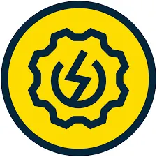 Icon of a gear with a lightning bolt inside on a yellow background, outlined in dark blue.