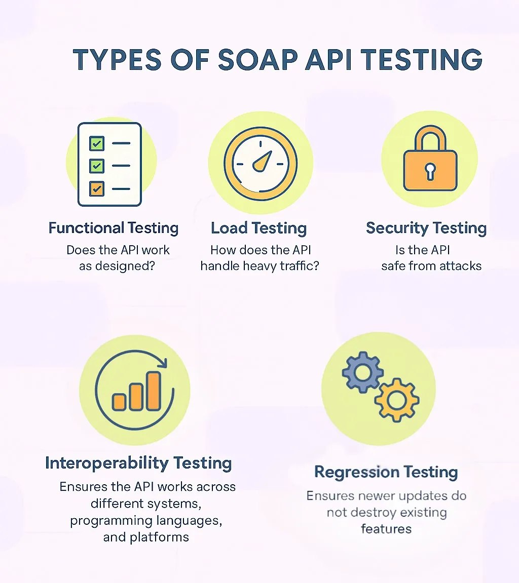Infographic titled "Types of SOAP API Testing" showing five types: Functional Testing, Load Testing, Security Testing, Interoperability Testing, and Regression Testing. Each type includes a brief description and an icon.