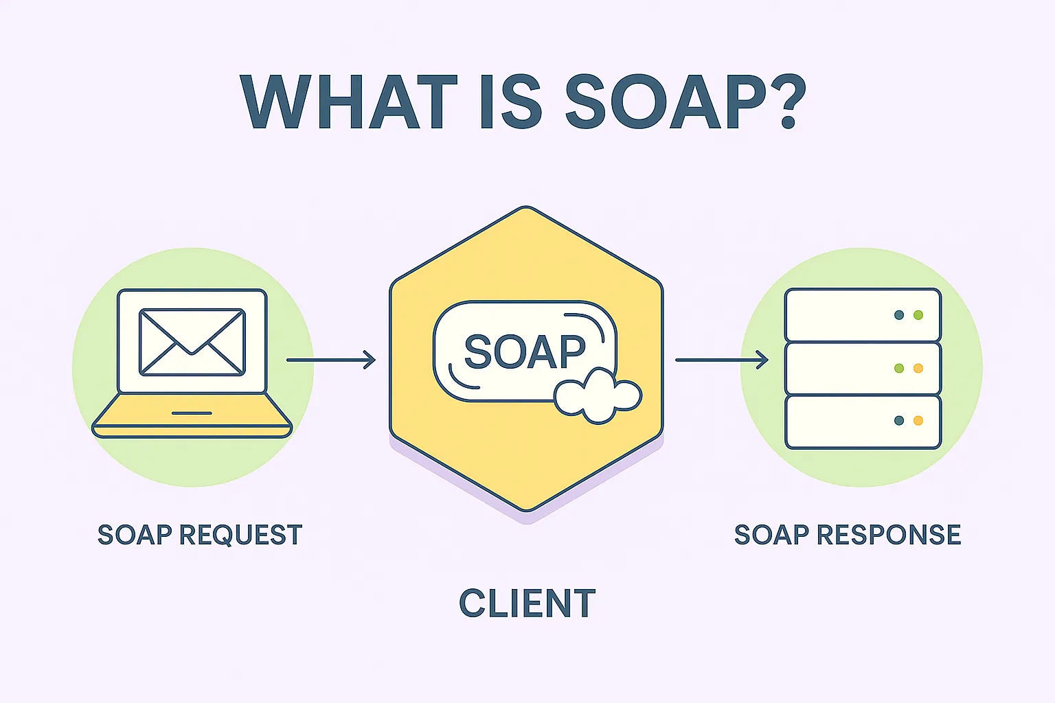 Diagram illustrating the SOAP process. A laptop labeled "SOAP Request" is connected by an arrow to a hexagon labeled "SOAP" in the center, signifying the client. Another arrow leads to a server stack labeled "SOAP Response."