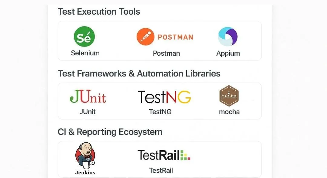 Diagram showing testing tools categorized into three sections: "Test Execution Tools" with Selenium, Postman, Appium; "Test Frameworks & Automation Libraries" with JUnit, TestNG, Mocha; and "CI & Reporting Ecosystem" with Jenkins, TestRail.