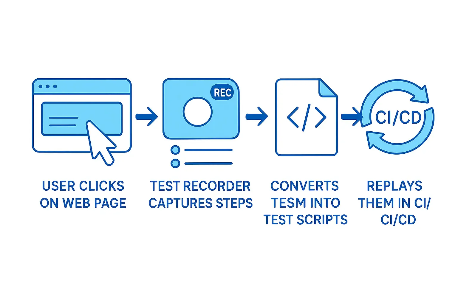 Workflow diagram showing how a test recorder captures and replays user interactions.