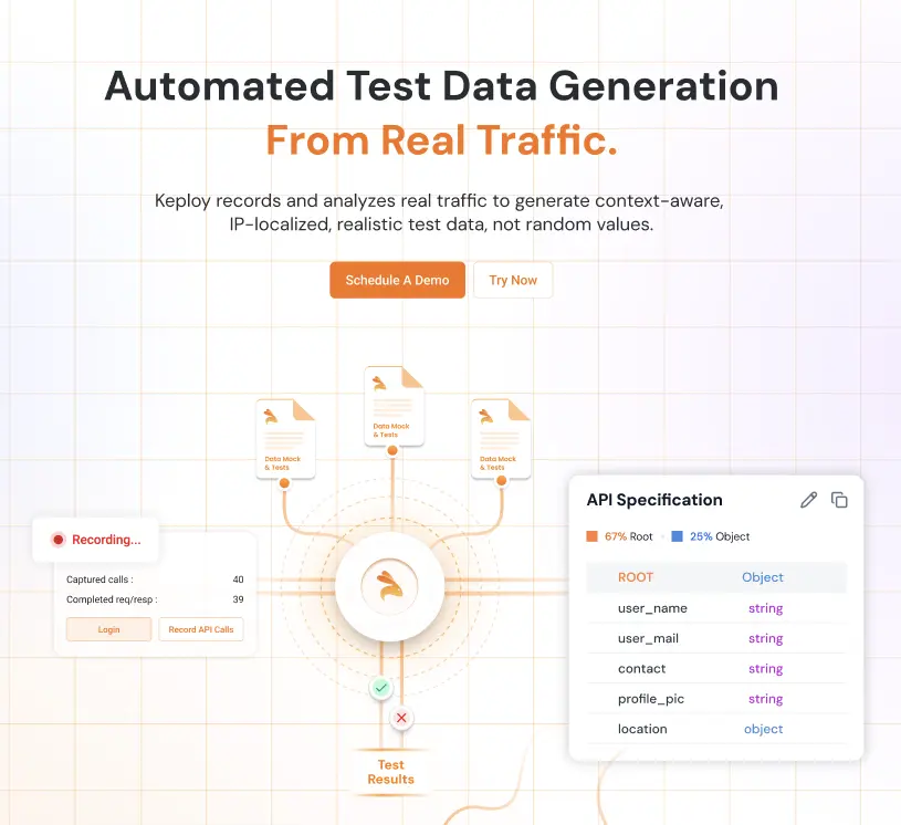 “Illustration of automated test data generation from real API traffic showing realistic mock data, API schema, and comparison with random data tools”