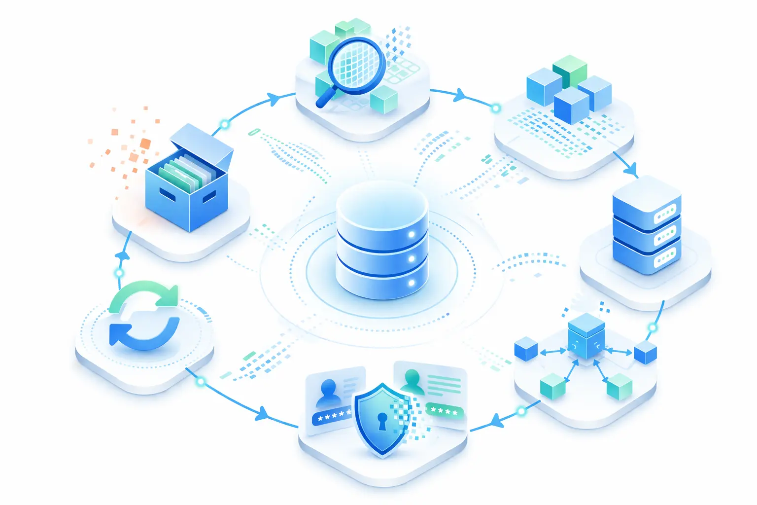 “Minimal illustration of test data lifecycle showing circular flow of data creation, storage, masking, provisioning, and cleanup around a central database”