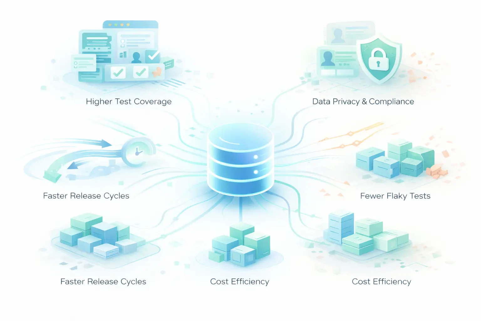 Clean SaaS-style diagram of test data management with centralized data hub and interconnected testing benefits