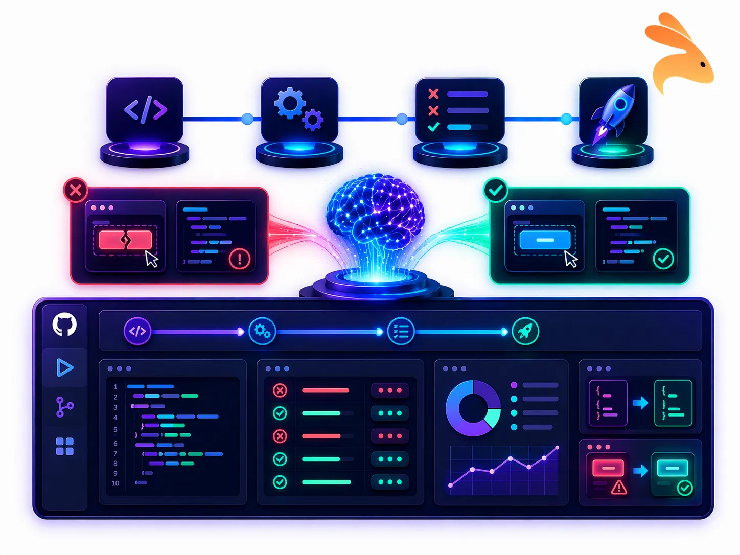 Self-healing test automation in a CI/CD pipeline showing AI detecting and fixing test failures across code, build, testing, and deployment stages in a modern DevOps workflow