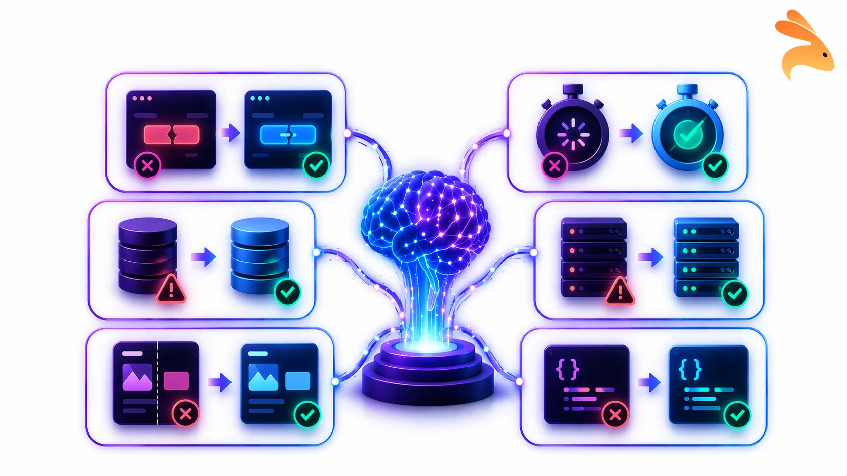 Self-healing test automation concept showing six types of test failures including selector, timing, data, runtime, visual, and API schema issues being fixed by an AI system in a modern software testing dashboard