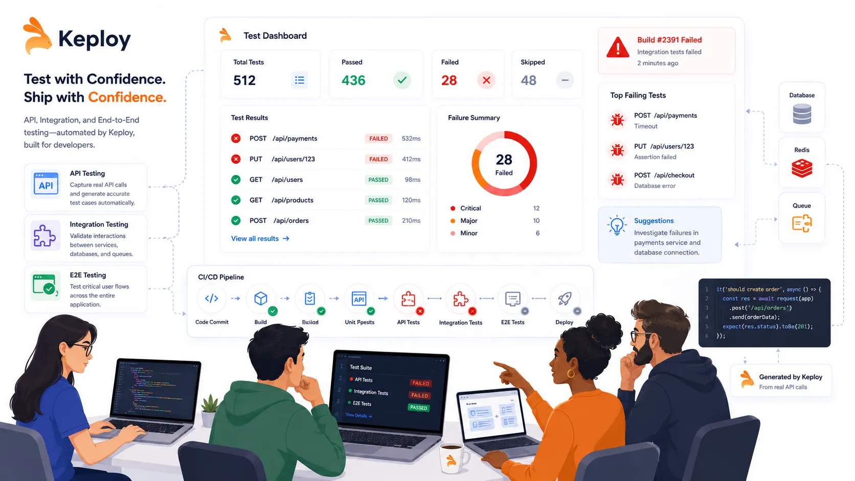 Software team reviewing failed test alerts on a Keploy dashboard with API, integration, and end-to-end testing workflows.