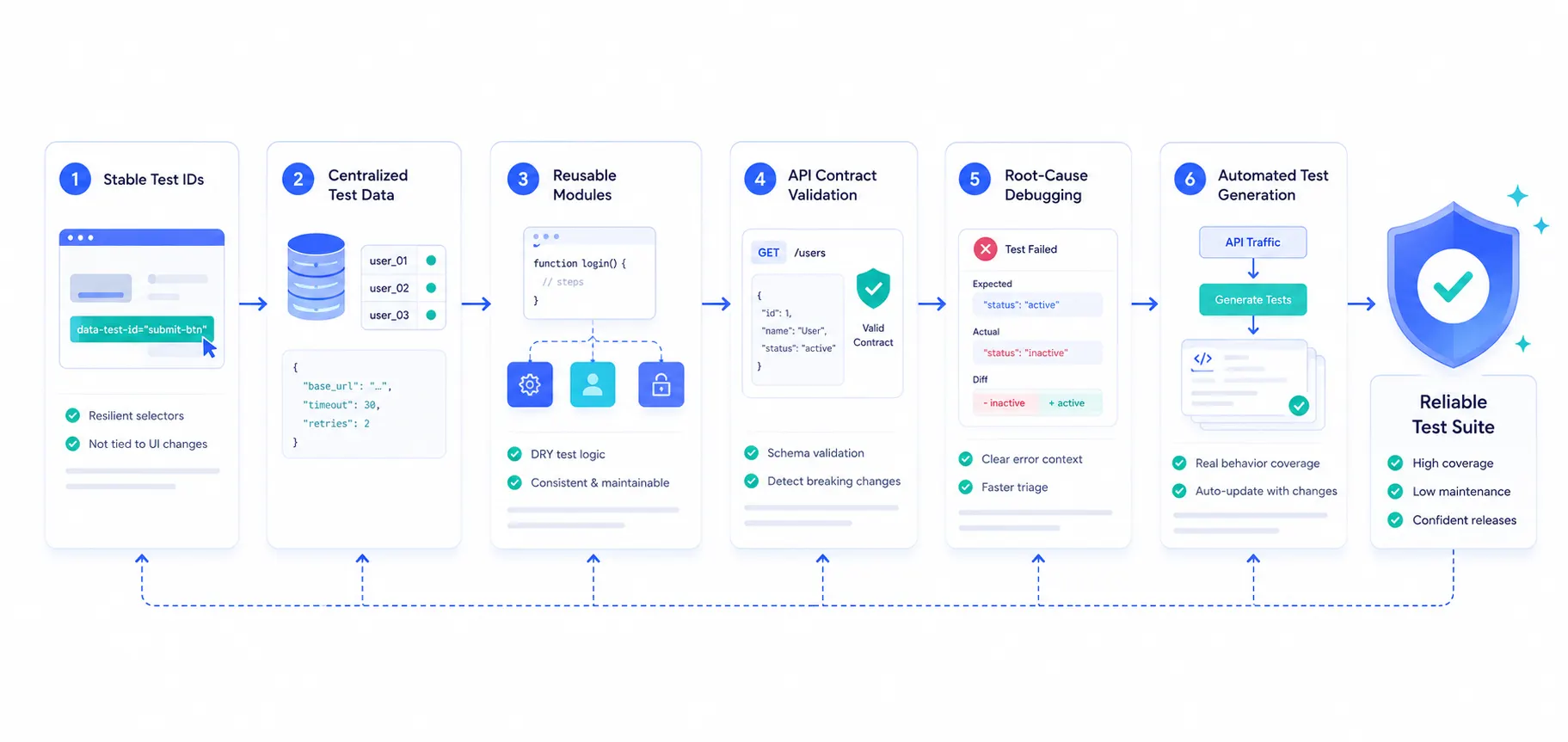 Illustration showing the common causes of high test maintenance, including brittle UI locators, duplicated test logic, stale test data, API contract drift, and flaky tests, all connected to a central software testing dashboard with a high maintenance warning.