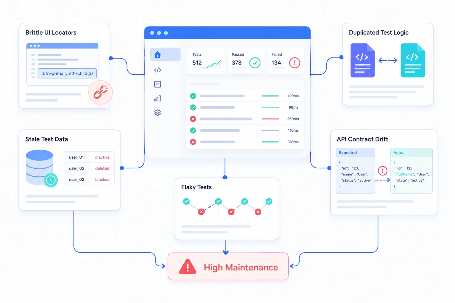 Workflow diagram illustrating six best practices for reducing test maintenance: stable test IDs, centralized test data, reusable modules, API contract validation, root-cause debugging, and automated test generation, leading to a reliable test suite with high coverage.