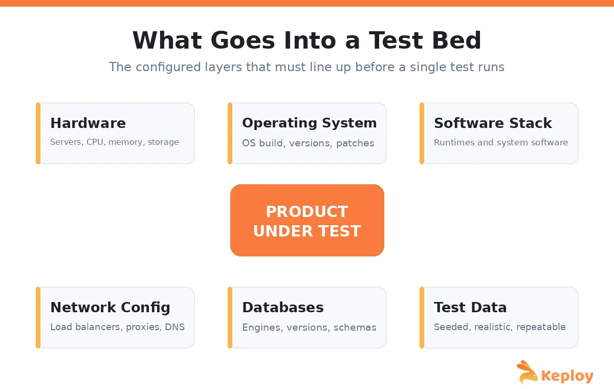 Components of a test bed: hardware, operating system, software stack, network config, databases, test data