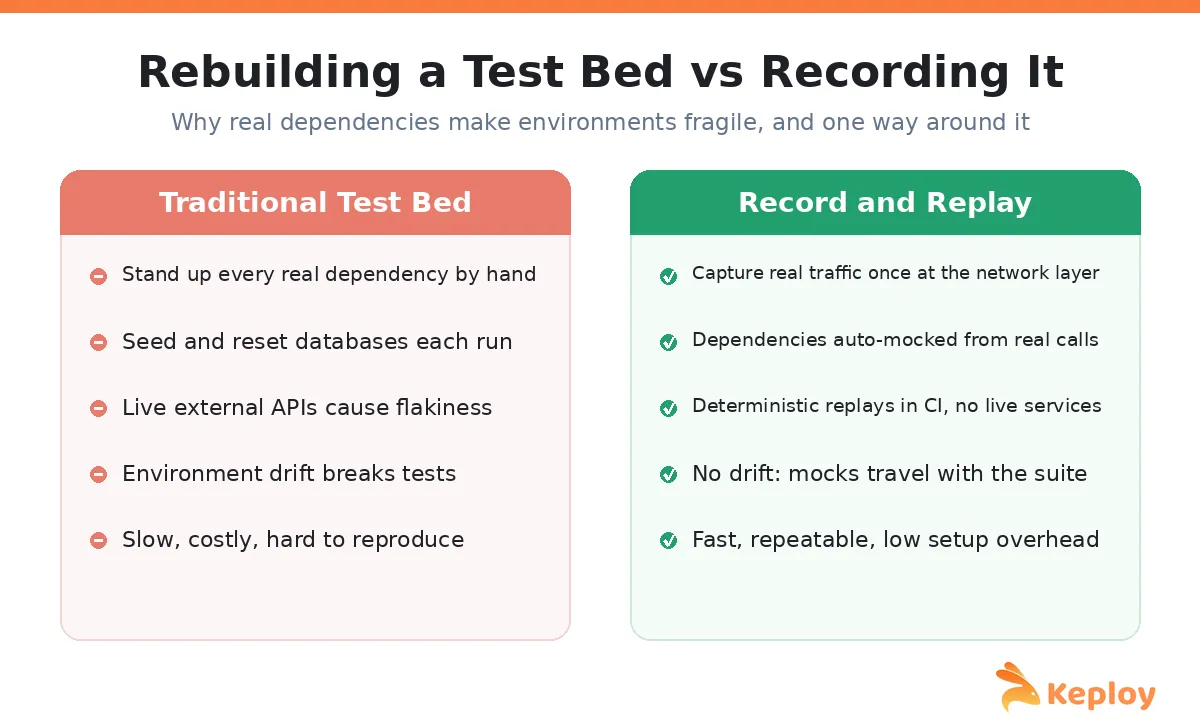 Rebuilding a test bed by hand versus recording and replaying dependencies