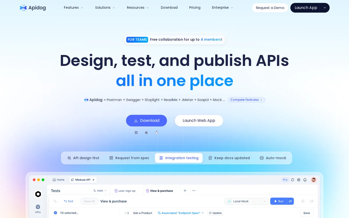 Apidog homepage for API design, testing and mocking