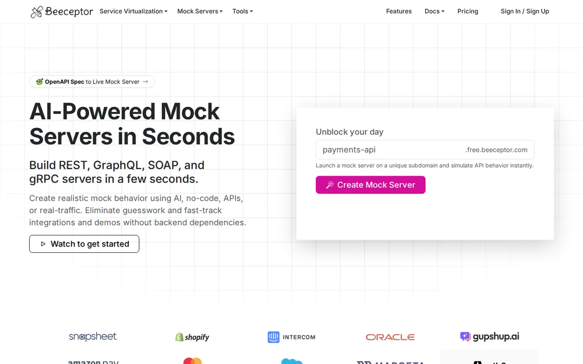 Beeceptor homepage for hosted mock servers