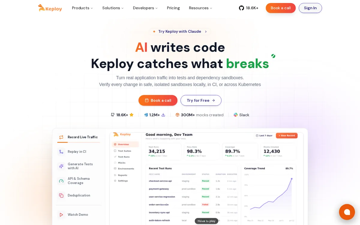 Keploy homepage showing record and replay API testing with dependency mocks