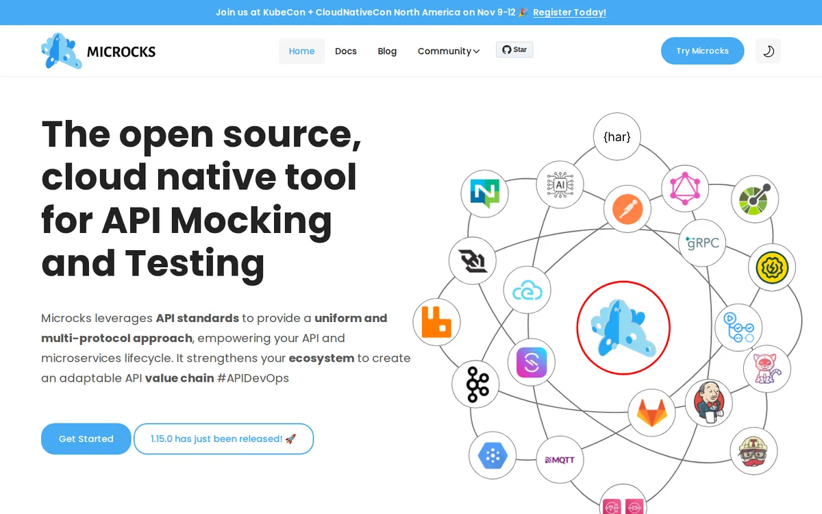 Microcks homepage for open source cloud native API mocking and testing