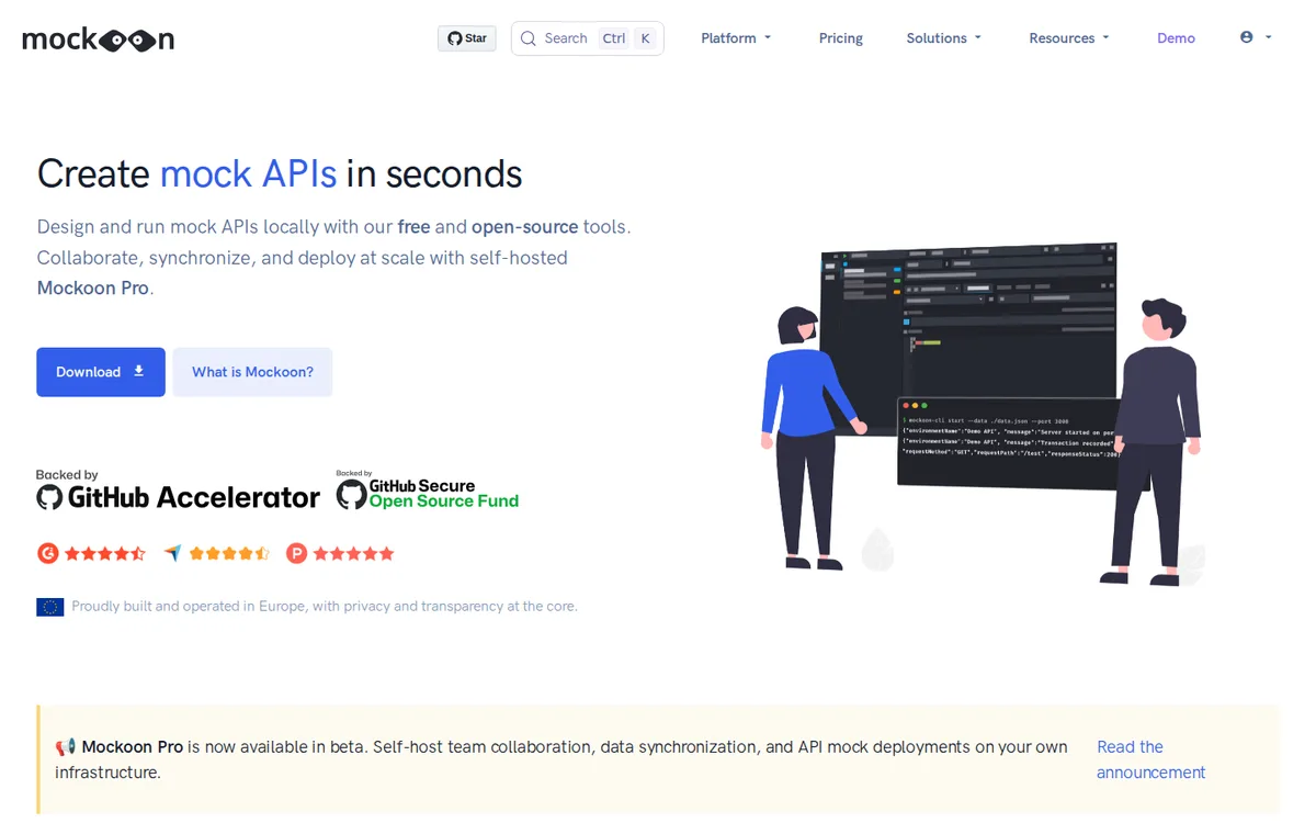 Mockoon homepage for creating local mock APIs