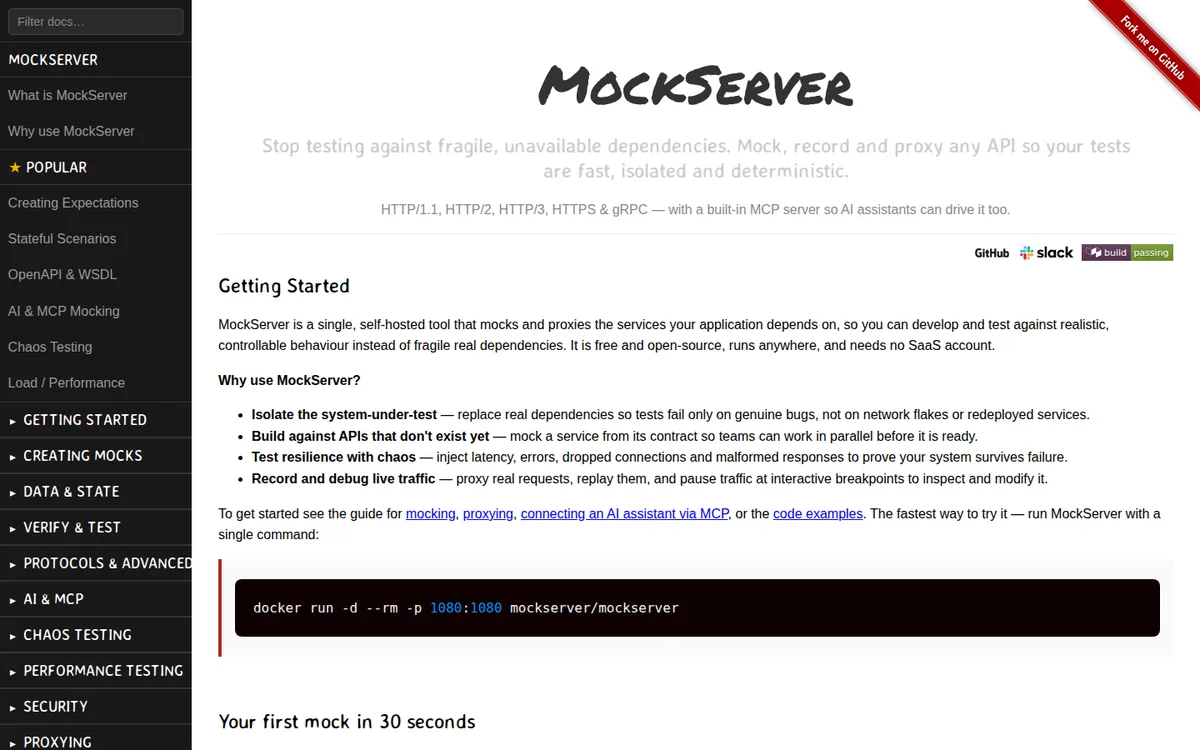 MockServer documentation homepage