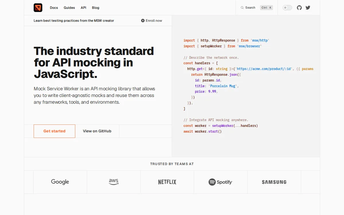 Mock Service Worker homepage showing API mocking in JavaScript